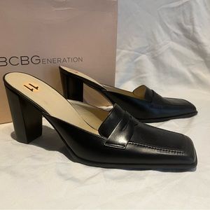 BCBG Backless penny loafer heel mules| Black Leather | Size 11 | NWT